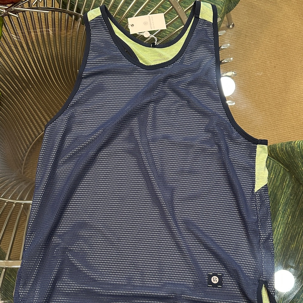 Parke and Ronen Navy and Lime Mesh Tank Top